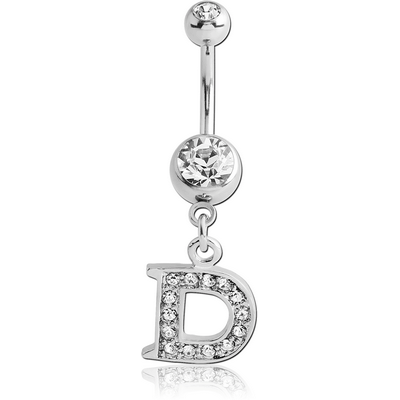 SURGICAL STEEL DOUBLE JEWELLED NAVEL BANANA WITH JEWELLED LETTER CHARM - D