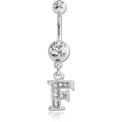 SURGICAL STEEL DOUBLE JEWELLED NAVEL BANANA WITH JEWELLED LETTER CHARM - F