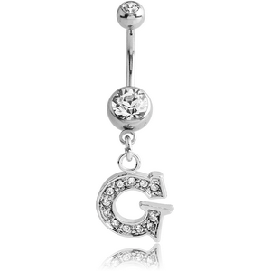 SURGICAL STEEL DOUBLE JEWELLED NAVEL BANANA WITH JEWELLED LETTER CHARM - G