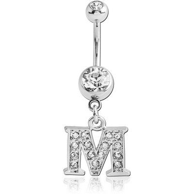 SURGICAL STEEL DOUBLE JEWELED NAVEL BANANA WITH JEWELED LETTER CHARM - M