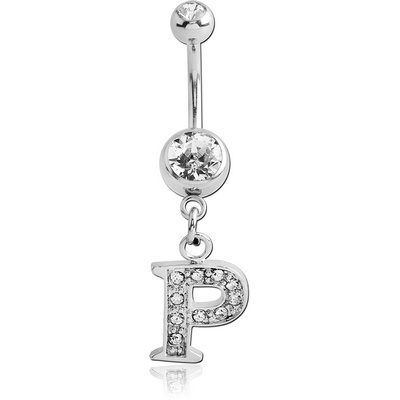 SURGICAL STEEL DOUBLE JEWELLED NAVEL BANANA WITH JEWELLED LETTER CHARM - P