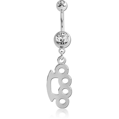 SURGICAL STEEL DOUBLE JEWELLED NAVEL BANANA WITH BRASS KNUCKLES CHARM