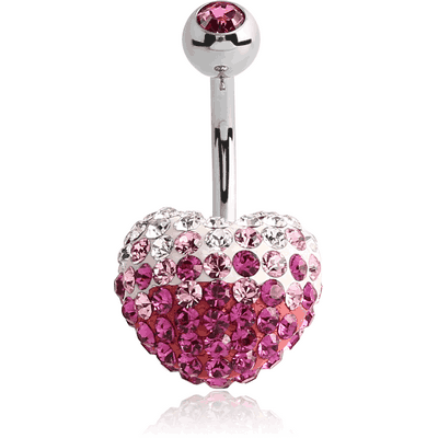SURGICAL STEEL CRYSTALINE JEWELLED FROSTED HEART NAVEL BANANA WITH JEWELLED BALL