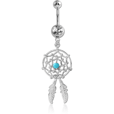 SURGICAL STEEL JEWELLED NAVEL BANANA WITH DREAMCATCHER FEATHERS CHARM