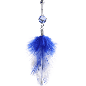 RHODIUM PLATED JEWELED FASHION NAVEL BANANA WITH FEATHER CHARM