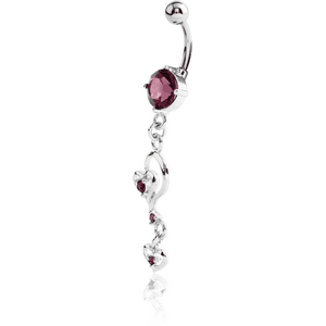RHODIUM PLATED JEWELED FASHION NAVEL BANANA WITH HEART DANGLE CHARM