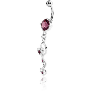 RHODIUM PLATED BRASS JEWELLED NAVEL BANANA WITH DANGLING CHARM - HEART