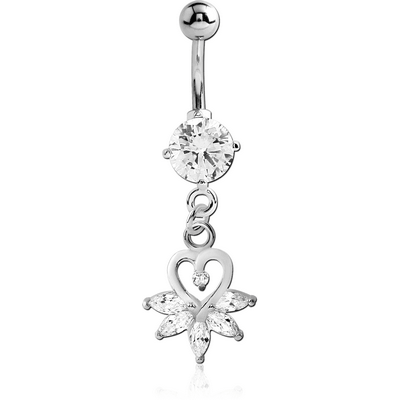 RHODIUM PLATED BRASS JEWELED NAVEL BANANA WITH DANGLING CHARM - HEART