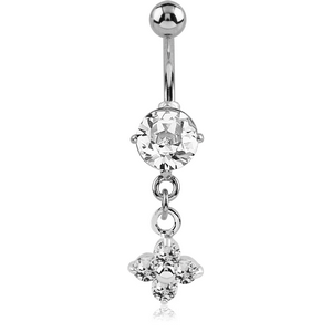 RHODIUM PLATED JEWELED FASHION NAVEL BANANA WITH FLOWER CHARM