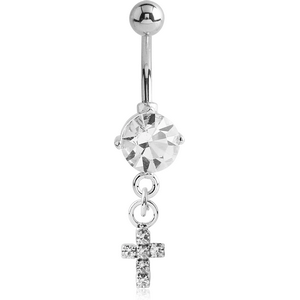 RHODIUM PLATED JEWELED FASHION NAVEL BANANA WITH CROSS CHARM