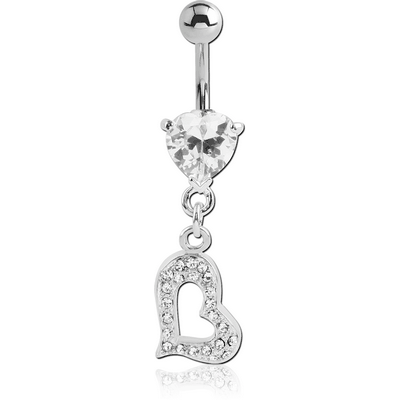 RHODIUM PLATED HEART JEWELED FASHION NAVEL BANANA WITH HEART CHARM