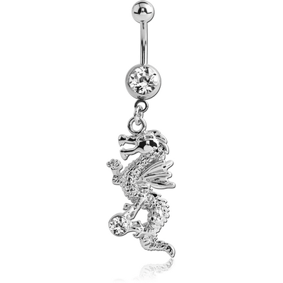 SURGICAL STEEL JEWELED NAVEL BANANA WITH DANGLING CHARM - DRAGON