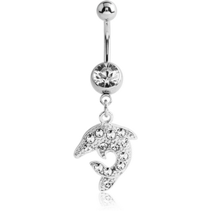 SURGICAL STEEL JEWELLED NAVEL BANANA WITH DANGLING CHARM - DOLPHIN