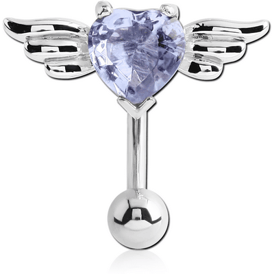 RHODIUM PLATED HEART JEWELED WINGED REVERSE FASHION NAVEL BANANA