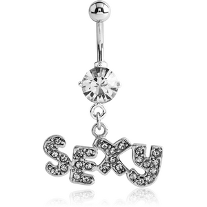 RHODIUM PLATED BRASS JEWELLED NAVEL BANANA WITH DANGLING CHARM - SEXY