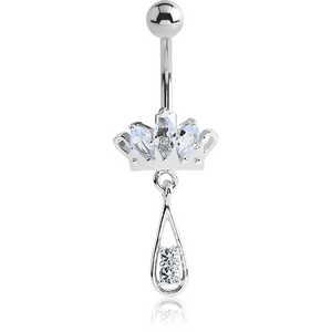 RHODIUM PLATED JEWELED CROWN FASHION NAVEL BANANA WITH CHARM