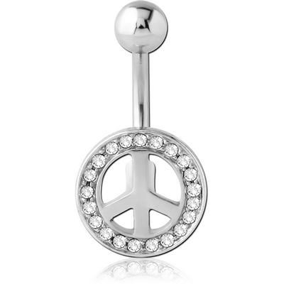 RHODIUM PLATED JEWELED PEACE SIGN FASHION NAVEL BANANA