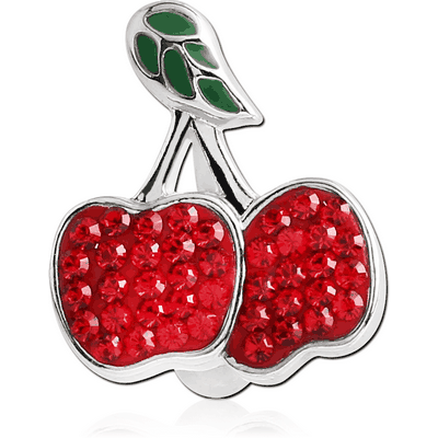 RHODIUM PLATED BRASS CRYSTALINE JEWELLED REVERSE NAVEL BANANA - CHERRIES
