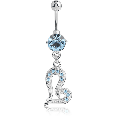 RHODIUM PLATED BRASS JEWELLED NAVEL BANANA WITH DANGLING CHARM - HEART