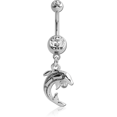 RHODIUM PLATED DOUBLE JEWELLED NAVEL BANANA WITH DOLPHIN CHARM