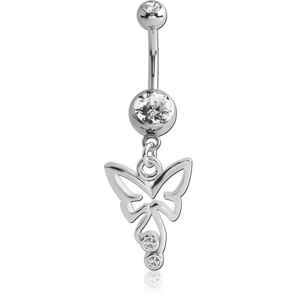 RHODIUM PLATED DOUBLE VALUE JEWELED NAVEL BANANA WITH BUTTERFLY CHARM