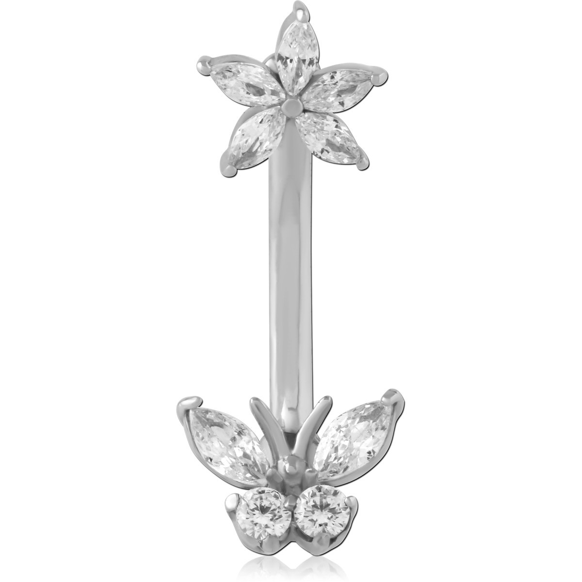 316L SURGICAL STEEL NAVEL BANANA MARQUISE CLUSTER FLOWER AND LEAF GEMS