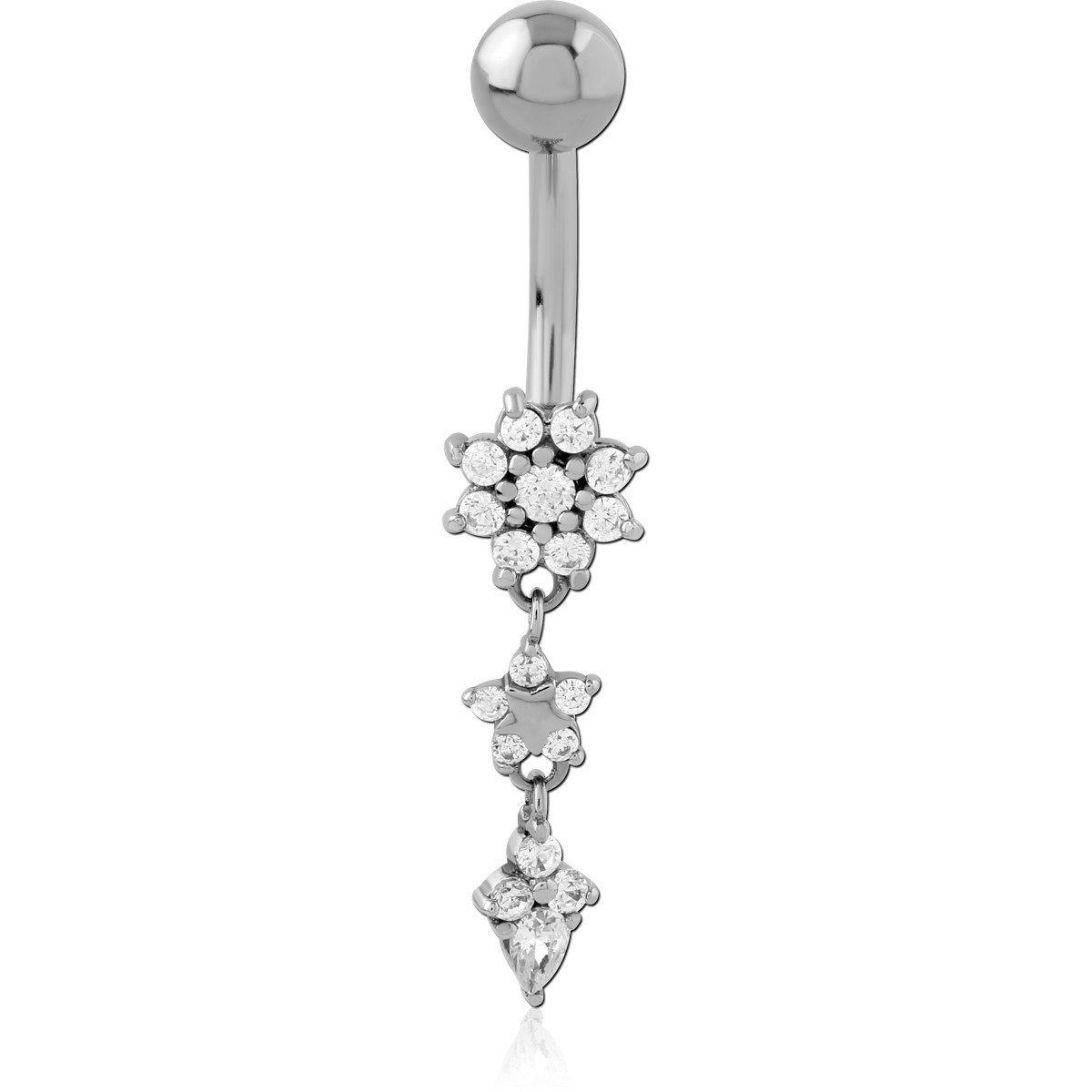 SURGICAL STEEL NAVEL BANANA CLUSTER FLOWER DANGLE WITH TEARDROP GEM