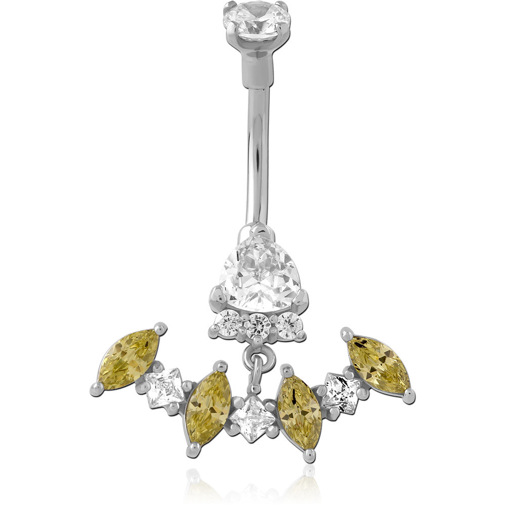 316L SURGICAL STEEL NAVEL BANANA WITH YELLOW AND CLEAR MARQUISE CHANDELIER CHARM