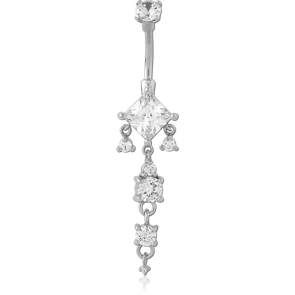 316L SURGICAL STEEL NAVEL BANANA PRINCESS CUT GEM WITH MULTI DANGLE CHARMS