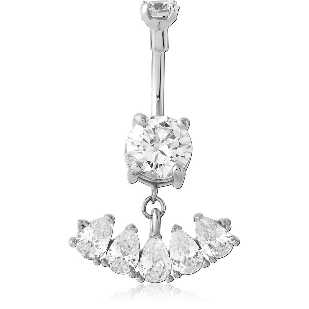 316L SURGICAL STEEL NAVEL BANANA ROUND TOP WITH PEAR FAN GEM CHARM