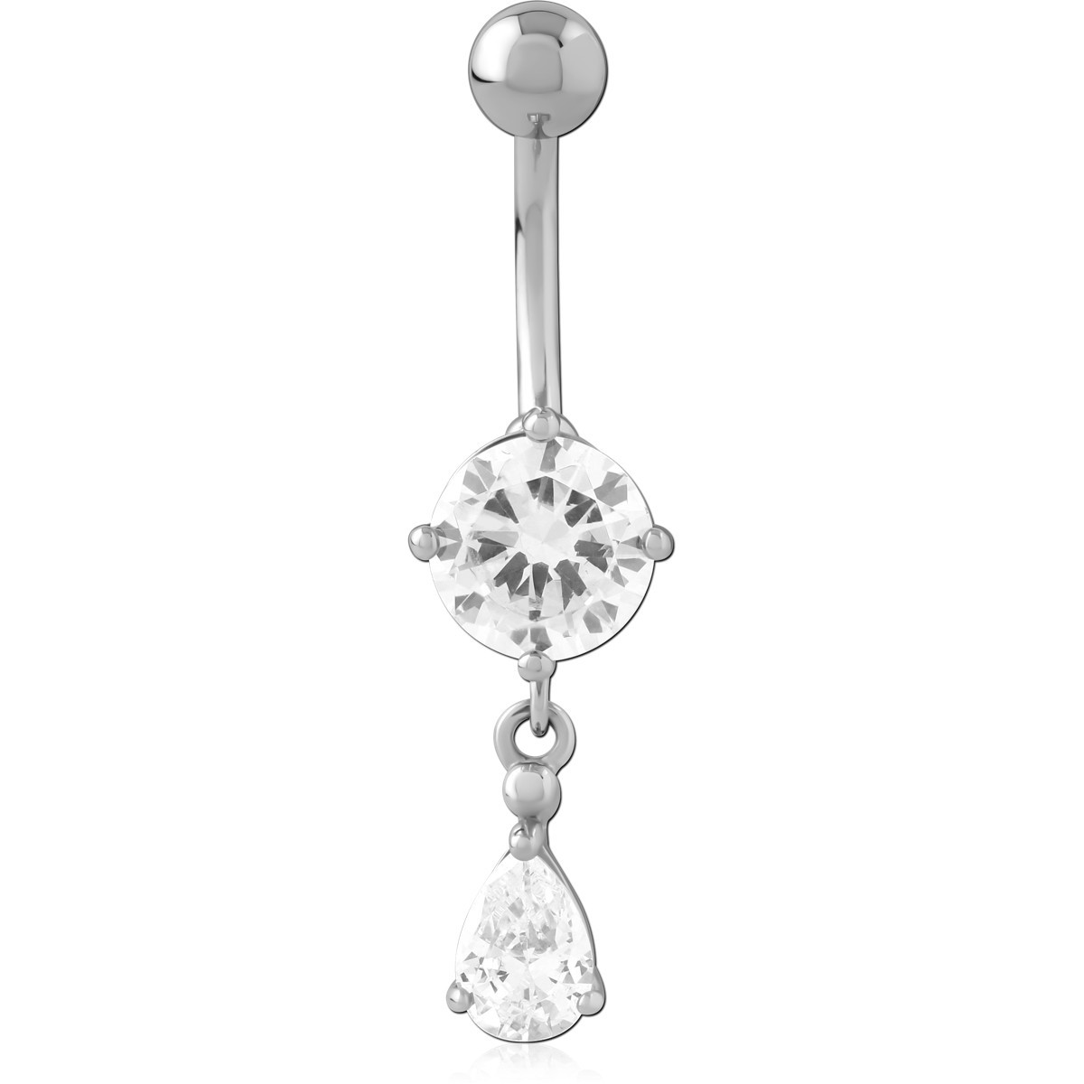316L SURGICAL STEEL NAVEL BANANA PRONG SET ROUND AND TEARDROP DANGLE GEM
