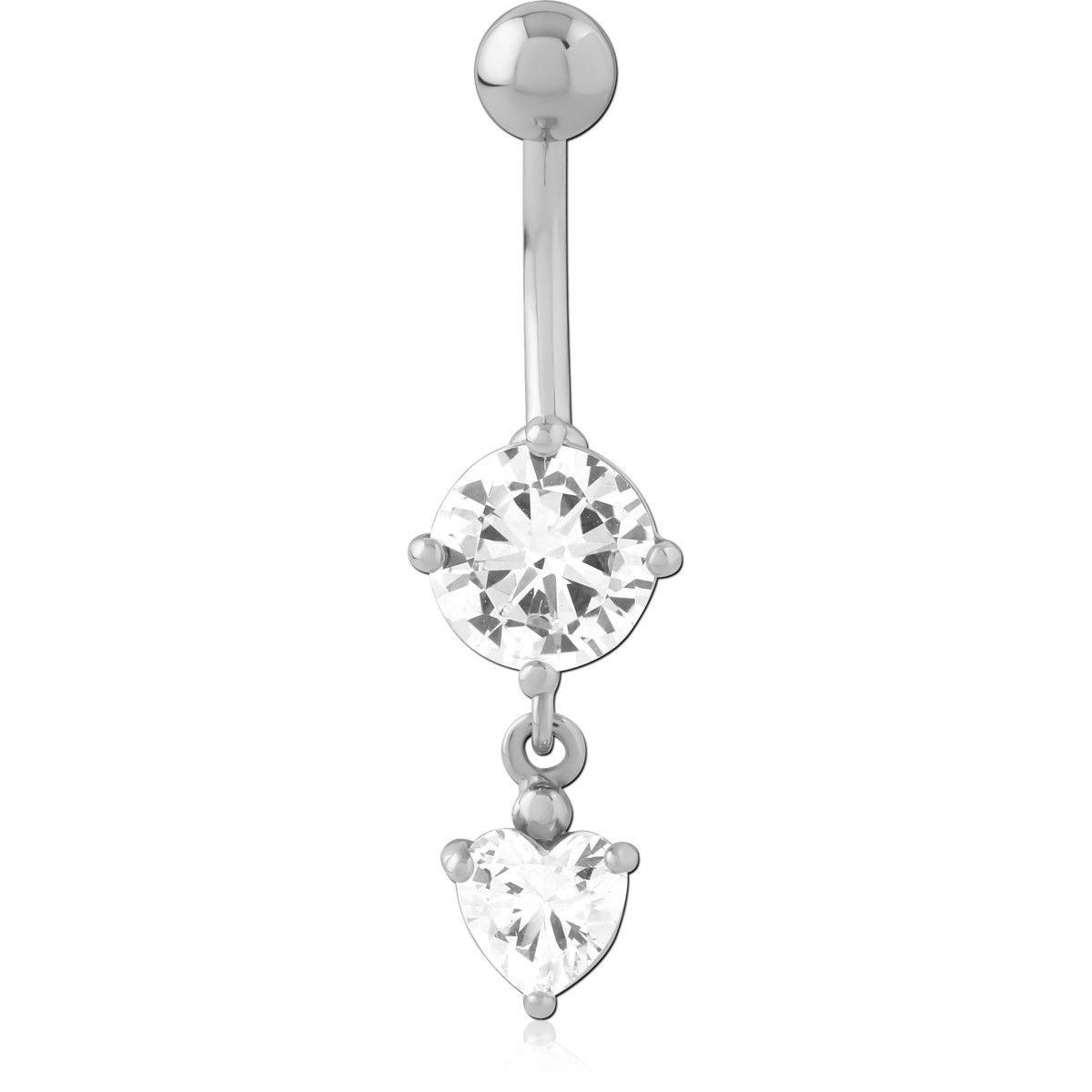 316L SURGICAL STEEL NAVEL BANANA PRONG SET ROUND AND HEART DANGLE GEM