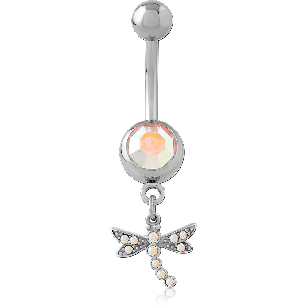 SURGICAL STEEL NAVEL BANANA JEWELED TOP WITH DRAGONFLY DANGLE CHARM RED GEMS