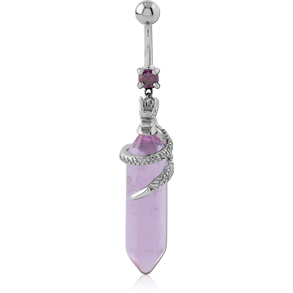 316L SURGICAL STEEL NAVEL BANANA WITH PURPLE CRYSTAL POINT AND SNAKE CHARM