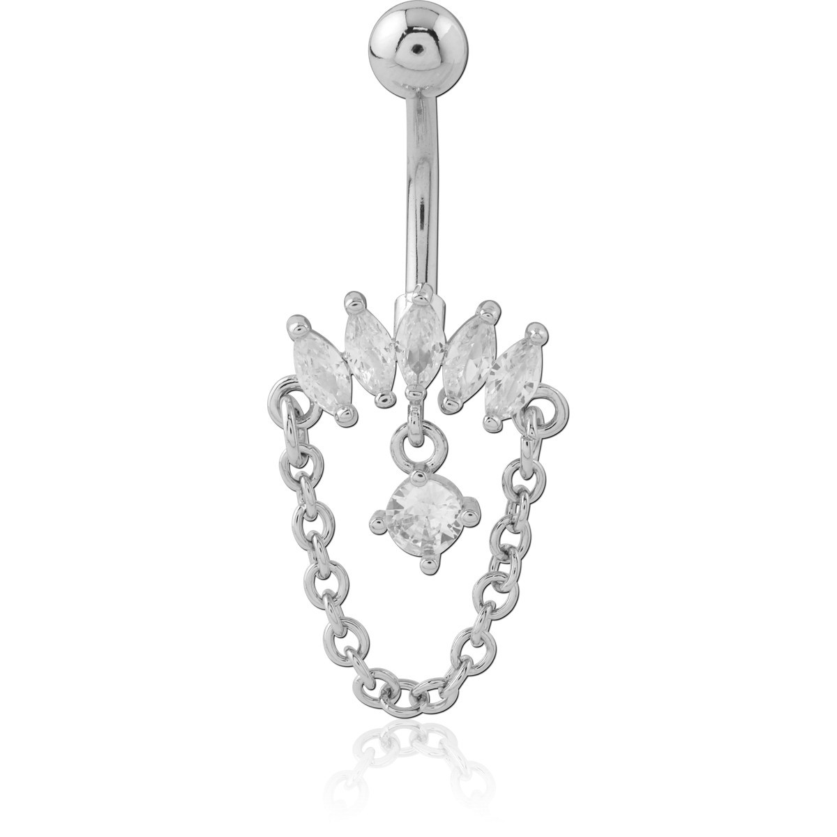 SURGICAL STEEL NAVEL BANANA MARQUISE GEM FAN WITH CENTER GEM AND DOUBLE CHAIN CHARMS
