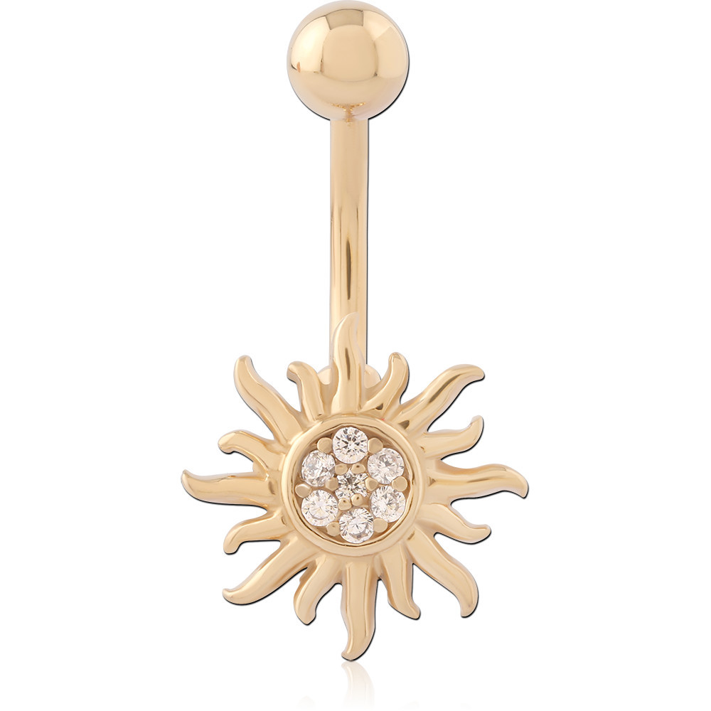 GOLD PVD 18K COATED SURGICAL STEEL BANANA WITH SUN CHARM CLEAR GEM CLUSTER