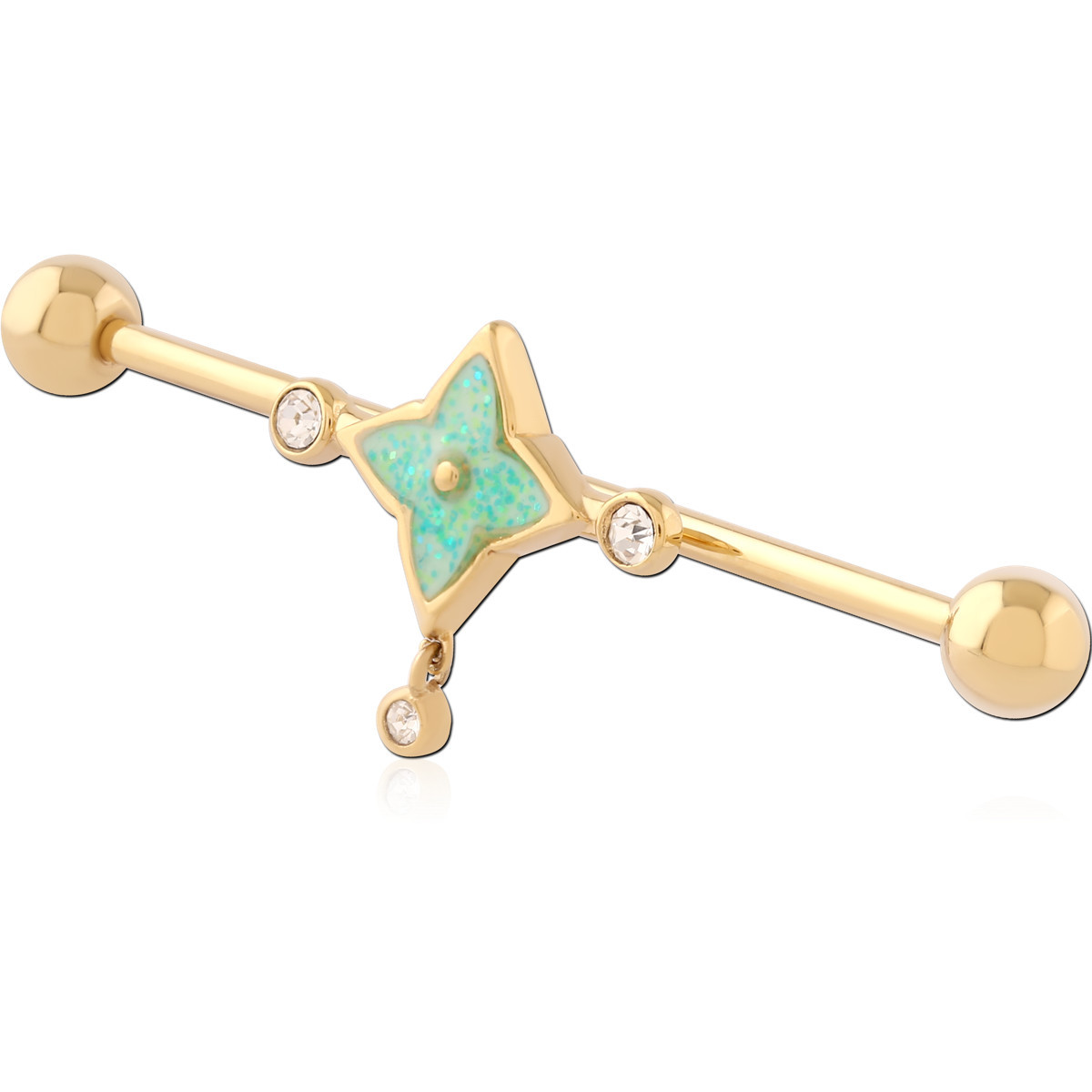316L GOLD PVD 18K COATED SURGICAL STEEL INDUSTRIAL BARBELL WITH OPAL FLOWER CHARM