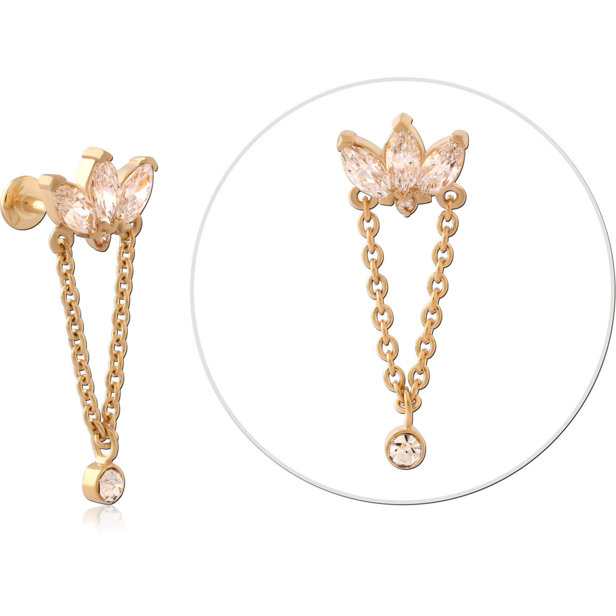 GOLD PVD 18K COATED SURGICAL STEEL INTERNAL LABRET MARQUISE CLUSTER WITH DOUBLE CHAIN DROP