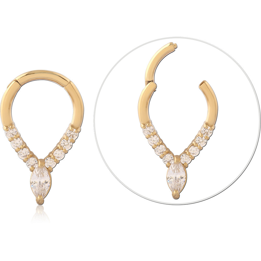 GOLD PVD 18K COATED SURGICAL STEEL HINGE SEGMENT RING MARQUISE CLUSTER WITH GEM DROP