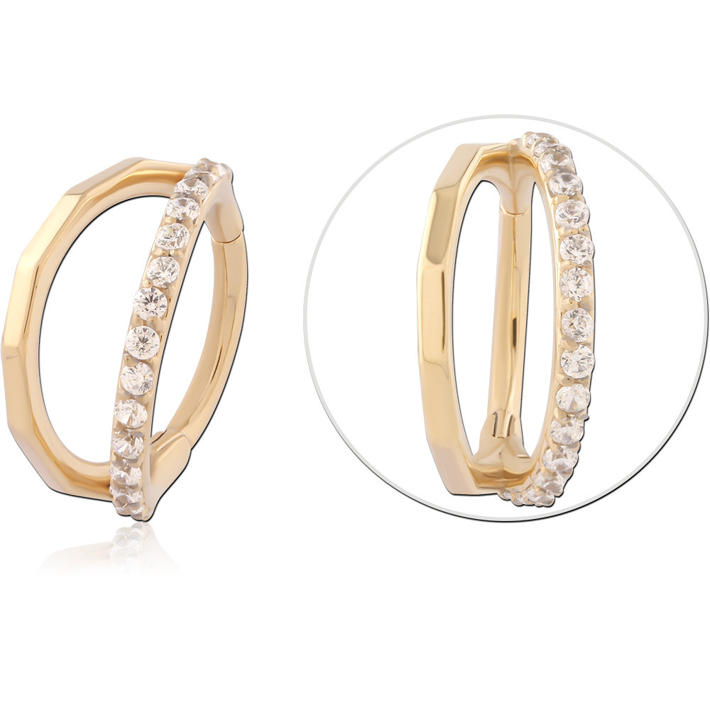 GOLD PVD 18K COATED SURGICAL STEEL HINGE SEGMENT RING GEOMETRIC SIDE GEMS