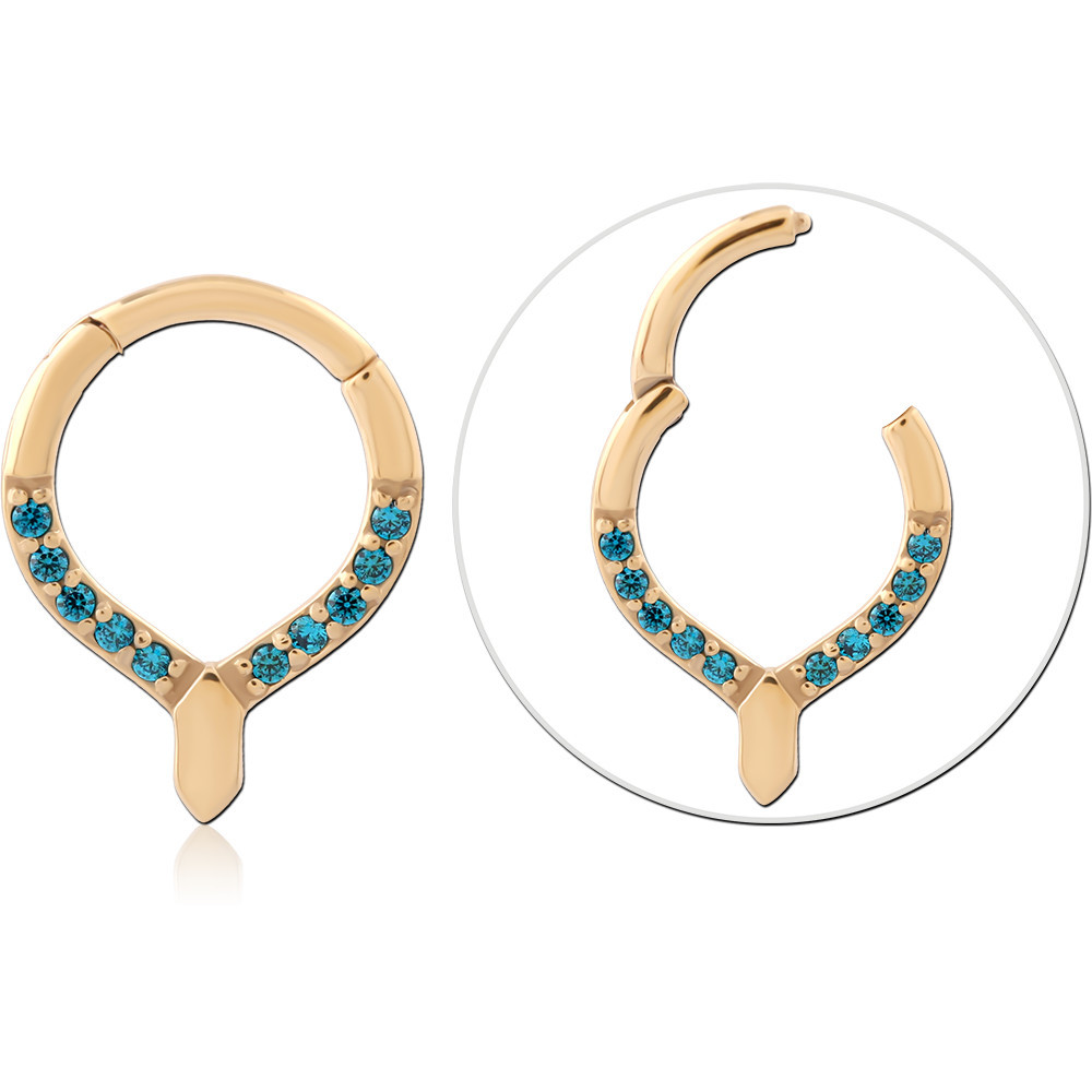 GOLD PVD 18K COATED SURGICAL STEEL HINGED SEGMENT RING V-SHAPE BLUE GEMS