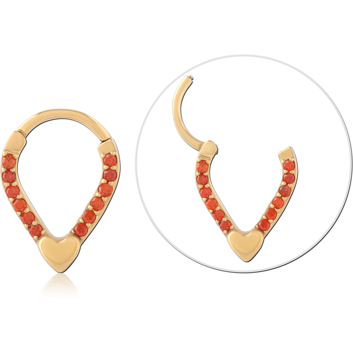 18K GOLD PVD COATED SURGICAL STEEL HINGE SEGMENT RING V SHAPE RED GEMS HEART