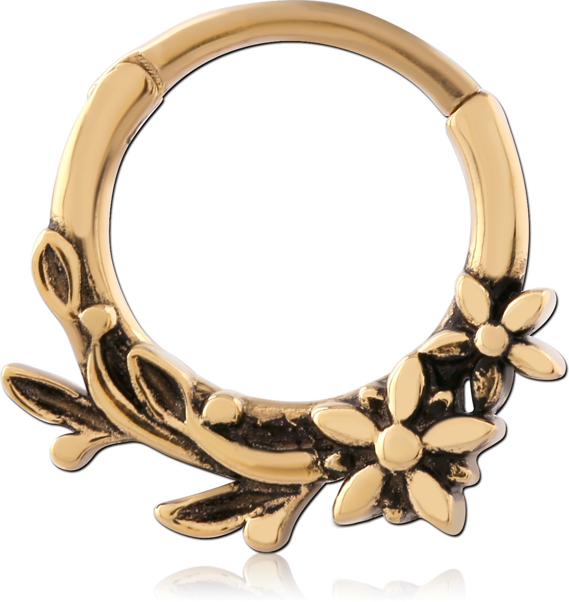 GOLD PVD 18K COATED SURGICAL STEEL HINGE SEGMENT RING FLORAL VINE