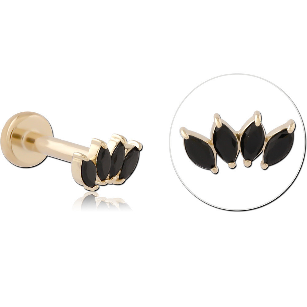 14K YELLOW GOLD TOP WITH GOLD PVD COATED TITANIUM THREADLESS LABRET MARQUISE BLACK TRIO