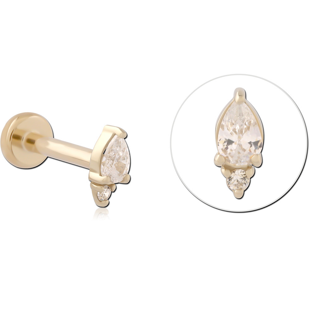 14K YELLOW GOLD THREADLESS LABRET PEAR GEM WITH ROUND ACCENT DESIGN