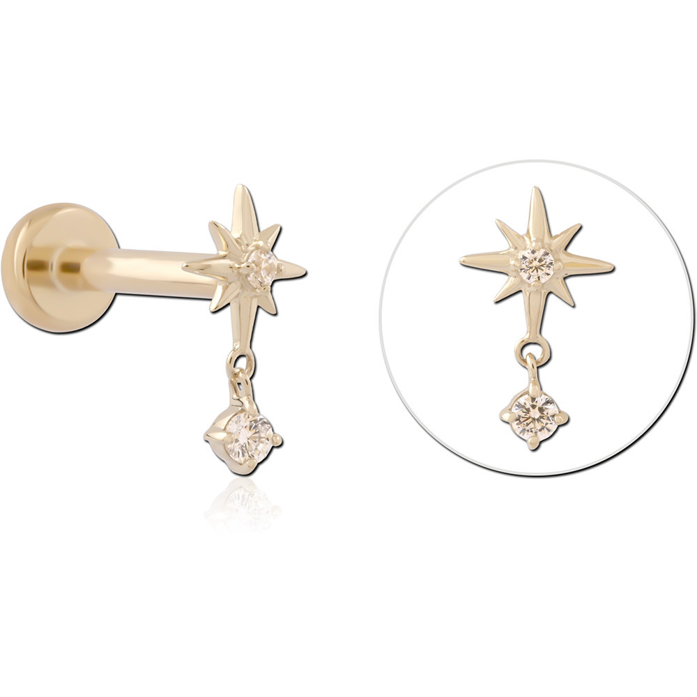 14K YELLOW GOLD THREADLESS LABRET STAR WITH DANGLING GEM CHARM