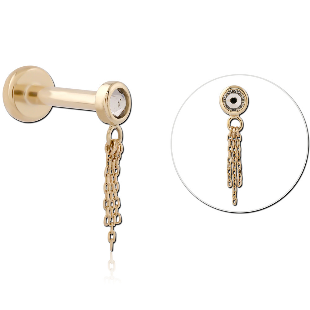 14K YELLOW GOLD TOP WITH TITANIUM THREADLESS LABRET BEZEL ACCENT WITH CHAIN TASSEL CHARM