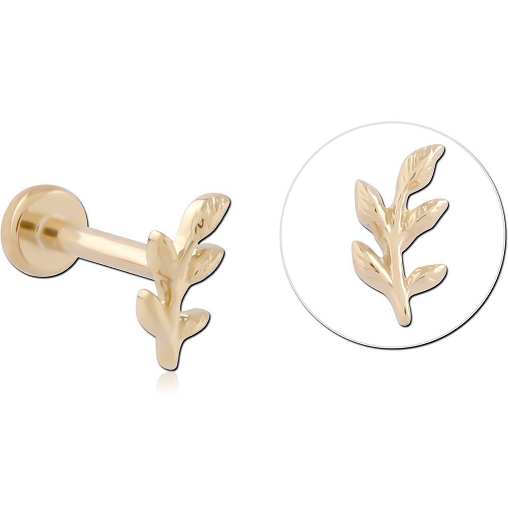 14K YELLOW GOLD LEAF BRANCH RIGHT TOP WITH GOLD PVD COATED TITANIUM THREADLESS LABRET