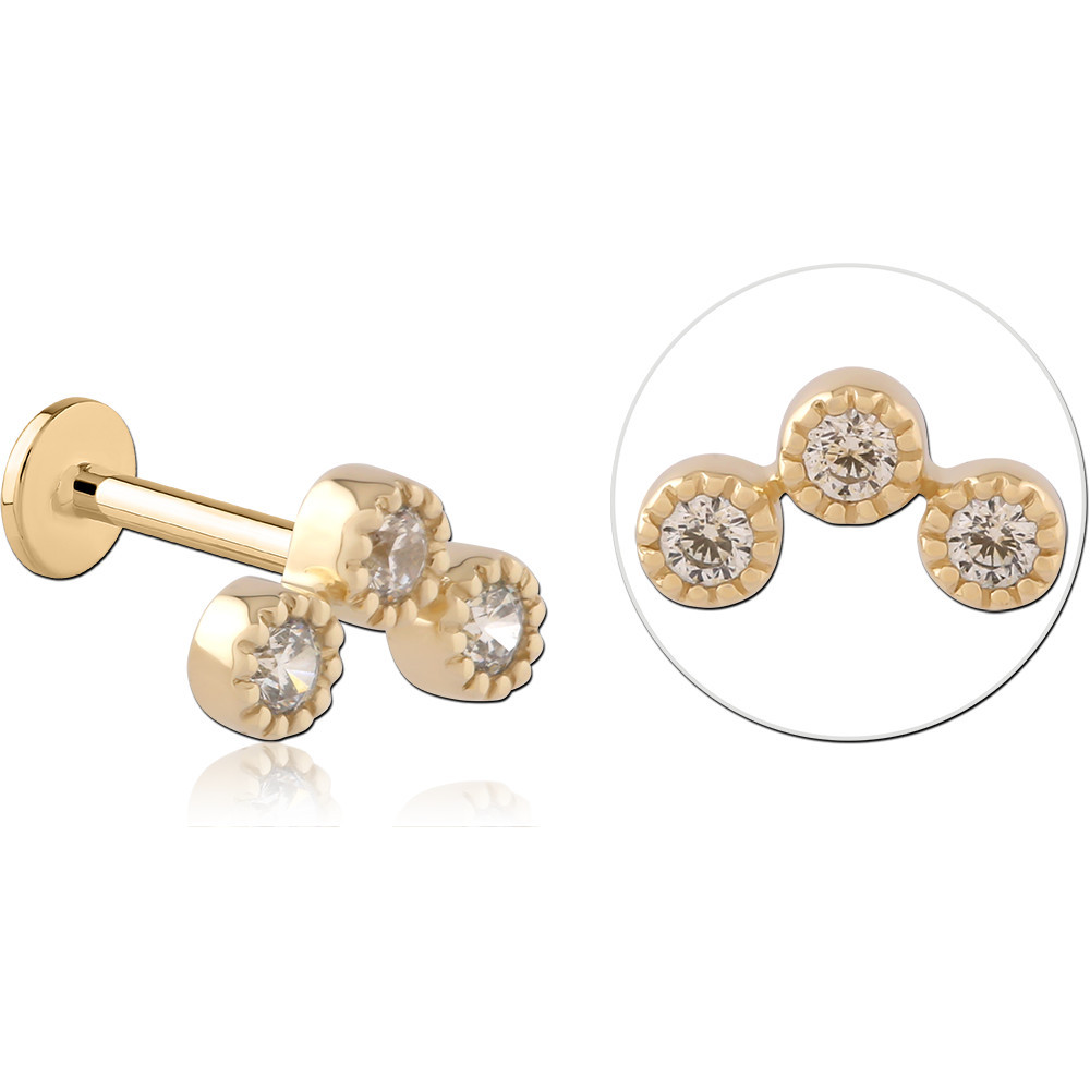 14K YELLOW GOLD TOP WITH GOLD PVD COATED TITANIUM INTERNAL LABRET TRIPLE ROUND GEMS