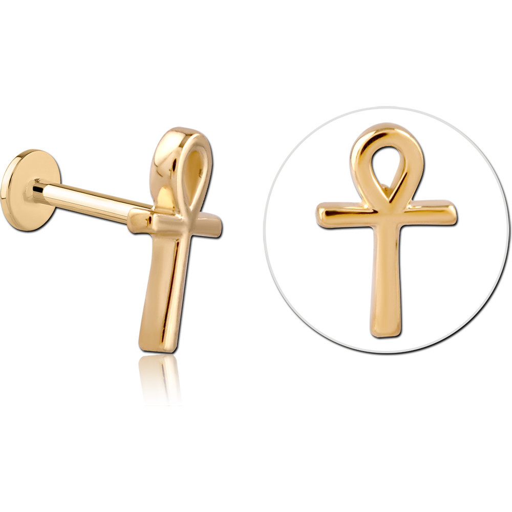 14K YELLOW GOLD TOP WITH GOLD PVD TITANIUM INTERNAL LABRET ANKH CROSS
